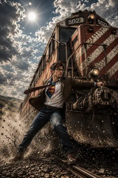 Superhéroe detiene un tren de carga a toda velocidad con un solo brazo