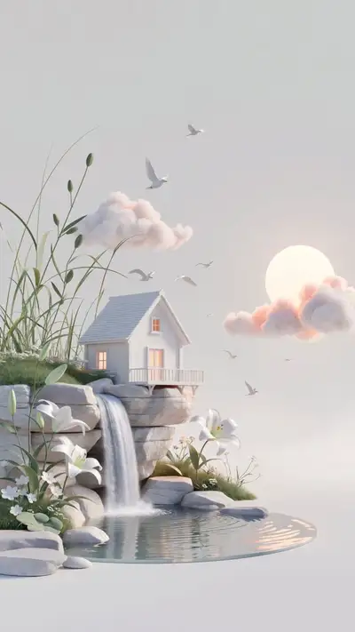 Dreamy Surreal Cottage on Cliff With Waterfall Illustration