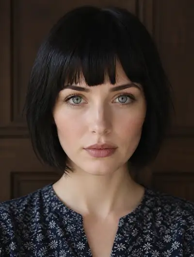 Natural-light portrait of a woman with a dark bob haircut