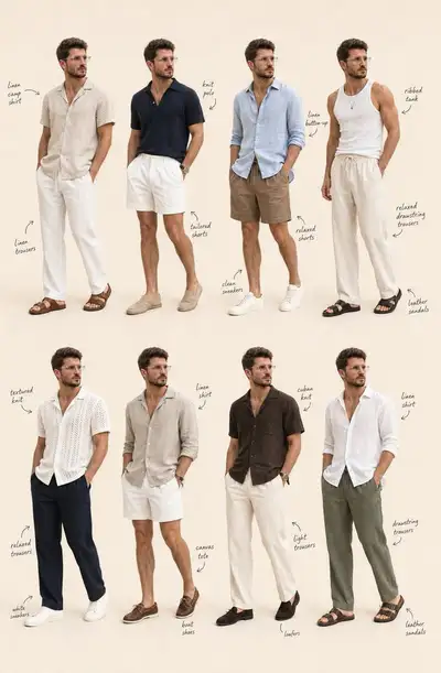 AI fashion collage of 8 summer outfits with a consistent face