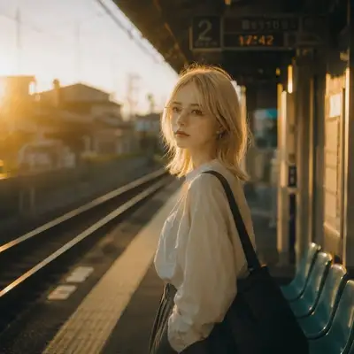 Quiet evening train station Kodak film-style photo prompt