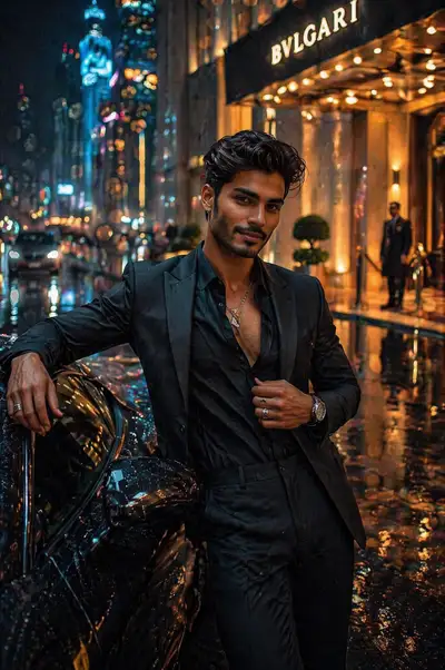 Luxury menswear editorial with supercar at night