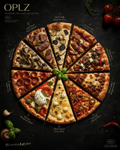 Prompt de póster de campaña de menú de pizza de diez sabores para GPT Image 2