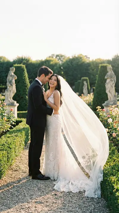 1990s French Chateau Garden Analog Wedding Scene