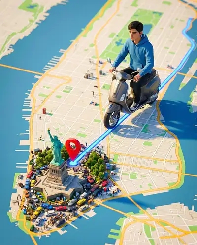 Character riding scooter along a stylized GPS map route