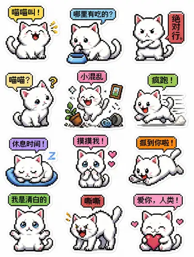 Retro pixel-art sticker sheet of playful kittens