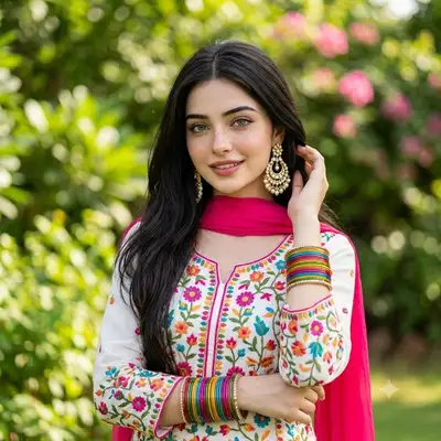 Close-up portrait of a woman in floral embroidery and a pink dupatta