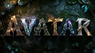 3D metallic movie-title typography embedding scenes into each letter