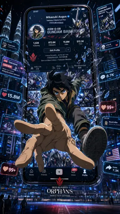 Anime character bursting out of smartphone screen poster