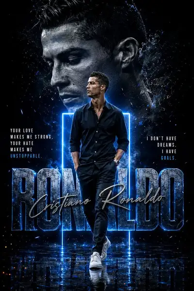 Cinematic dark editorial celebrity poster with 3D block lettering