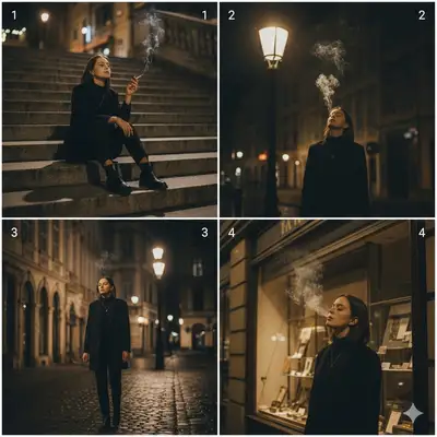 Four-panel cinematic collage of a quiet city walk