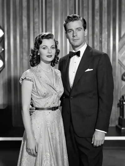 1940s Old Hollywood couple in black and white Art Deco portrait
