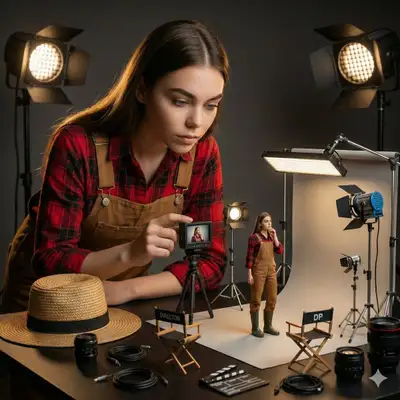 Frau bei der Regie ihres eigenen Miniatur-Filmsets hinter den Kulissen