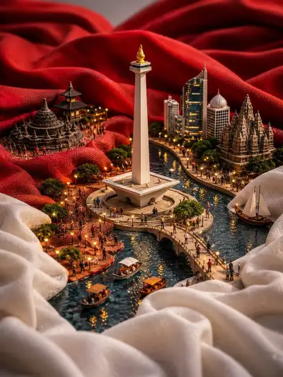 Miniatur-China-Diorama, eingebettet in eine wehende rote Flagge