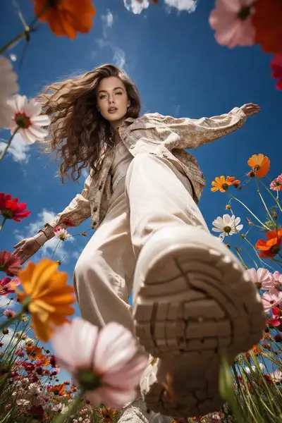 Cinematic low-angle flower field walking shot
