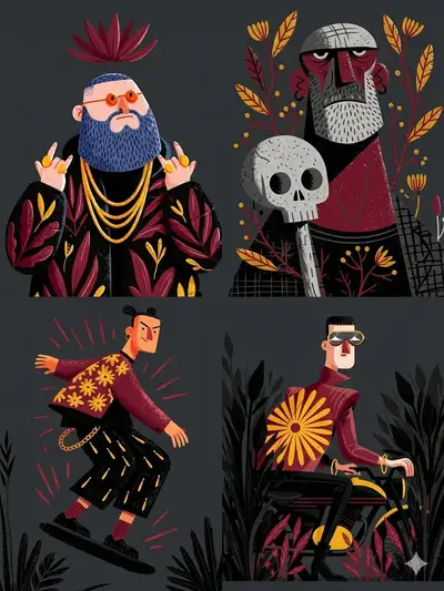 Character Illustration Series: Maroon and Gold Folk-Art Style