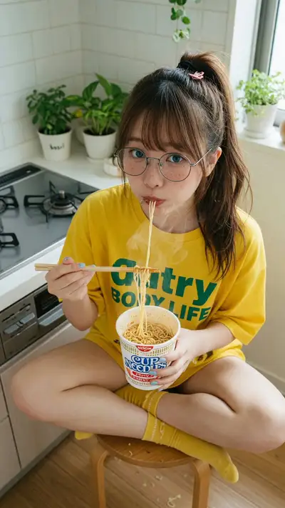 High-angle close-up of Japanese woman eating noodles