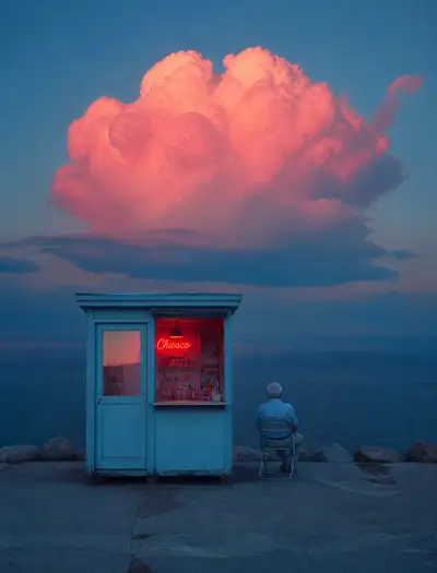 Surreal Minimalist Seaside Kiosk at Dusk