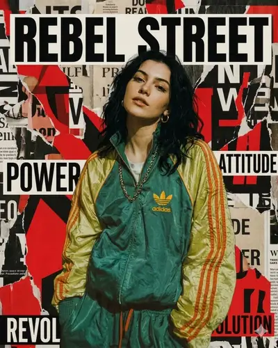 Retrato editorial callejero rebelde con chaqueta Adidas retro