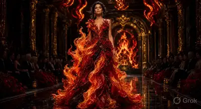 Surreal Flame and Rose Couture Catwalk