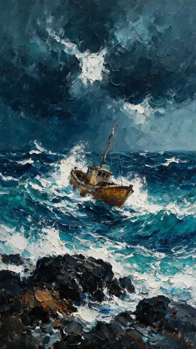 Pintura a Óleo Impressionista de Barco de Pesca em Mar Tempestuoso