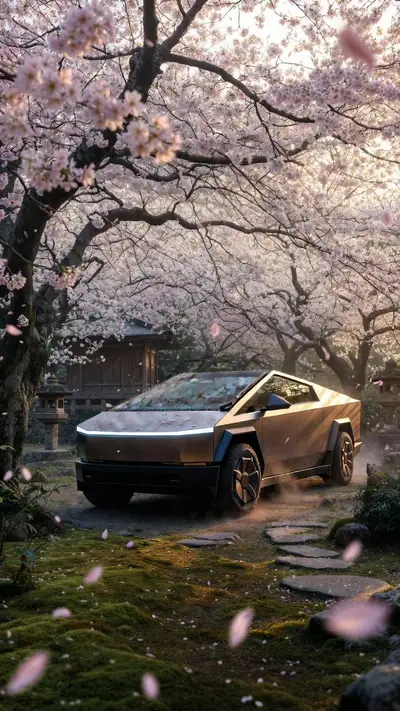 Cybertruck in a 16th Century Japanese Cherry Blossom Garden