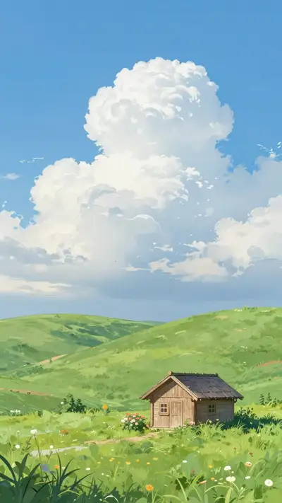 Whimsical hand drawn cottage on a green hill