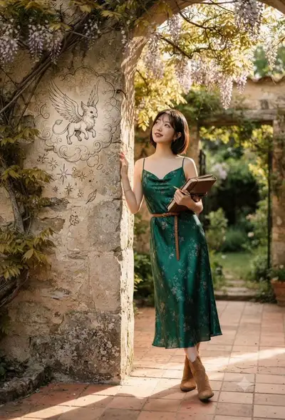Retrato de moda com vestido esmeralda em pátio de pedra