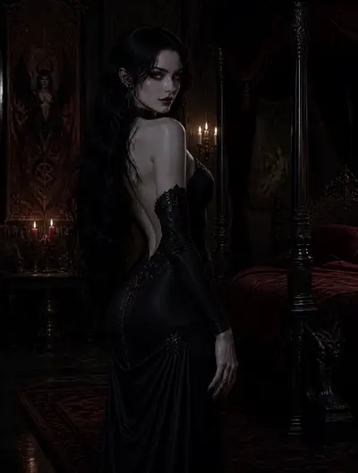 Succubus dark fantasy character in a gothic chamber