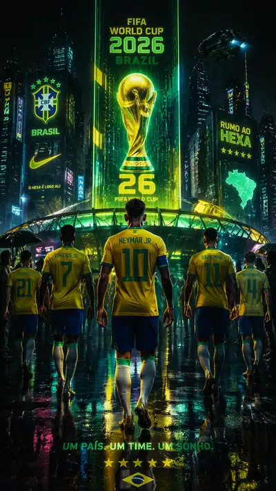 Cyberpunk 2077 style World Cup 2026 Brazil poster