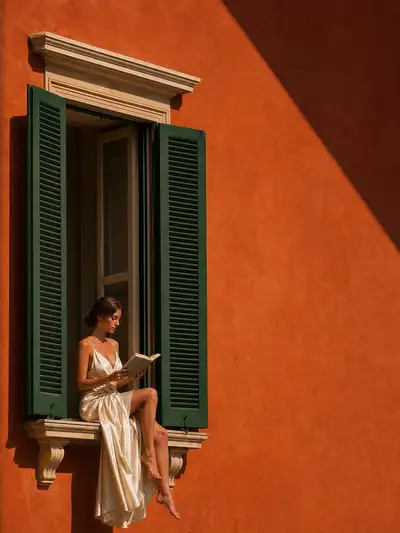 Editorial portrait of a woman reading on a Mediterranean window ledge