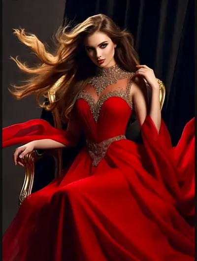 Regal Elegance in a Flowing Red Gown