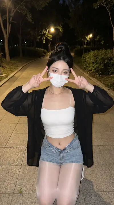 Nighttime Park Flash Photo with V-Sign Pose