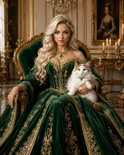 Royal Fantasy Portrait: Queen with Emerald Eyes and Cat