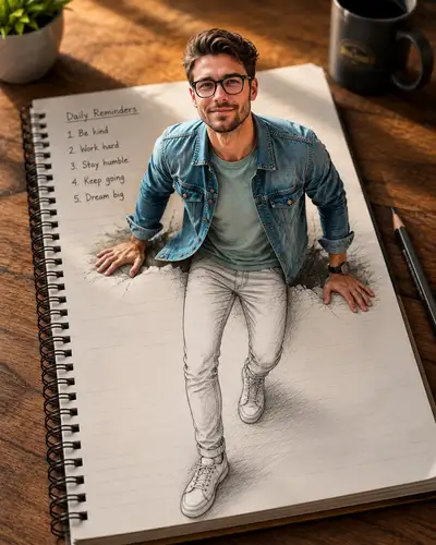 3D Pop-Out Illusion: Man Emerging from Notebook