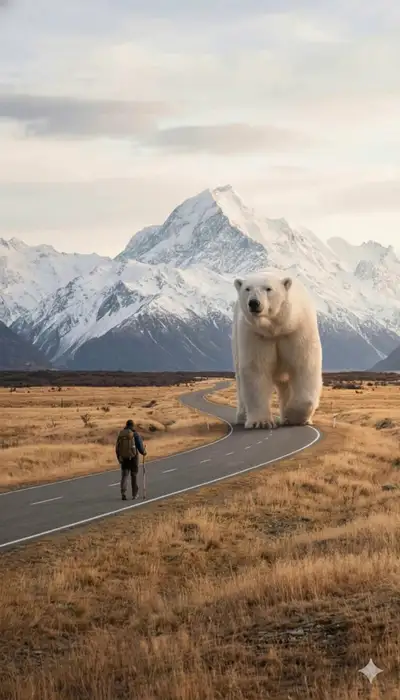 Cinematic Hiker and Giant Polar Bear Valley Scene