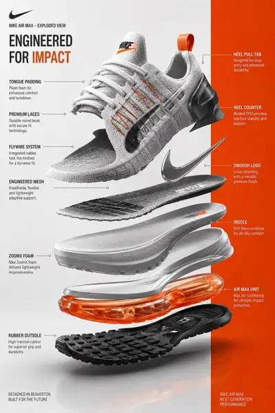 Exploded-view Nike sneaker technical infographic