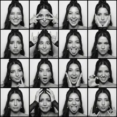 白黒4x4フォトブース表情グリッド、JSONプロンプト