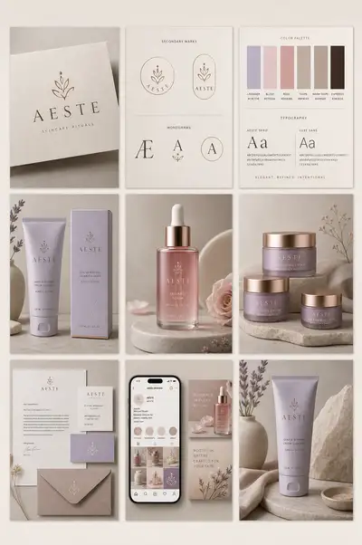 Nine-tile brand identity board for a premium skincare line