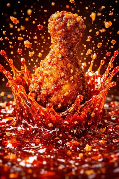 High-impact fried chicken action photography series in three scenes