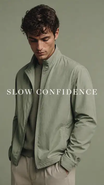 Zara editorial portrait, model in dusty sage green jacket