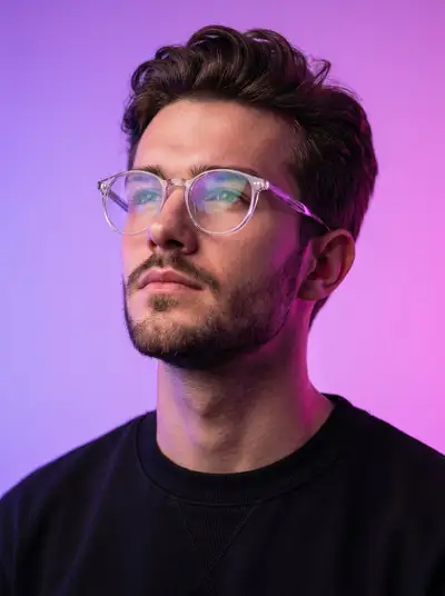 Prompt de retrato cibermoderno con gafas iluminadas de neón