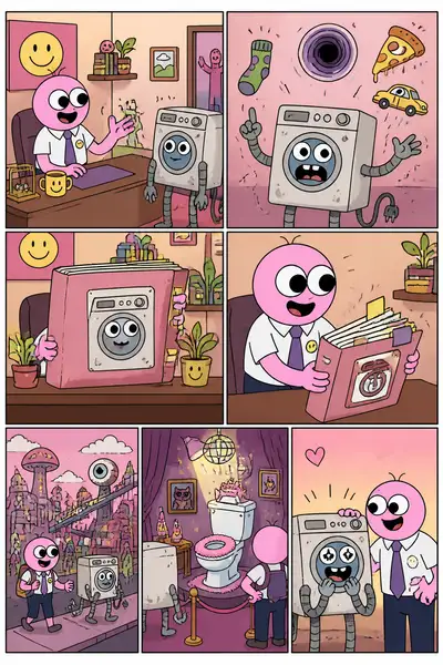 Storyboard de bande dessinée à six panneaux dans le style du dessin animé Smiling Friends