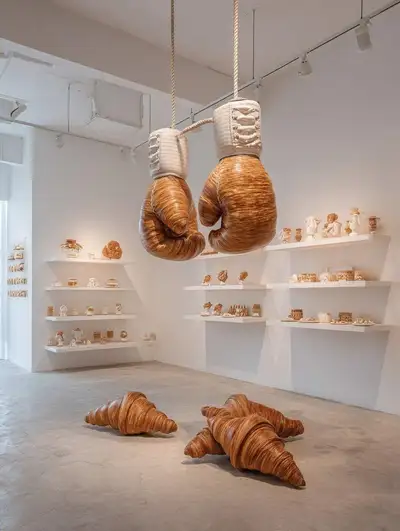 Oversized croissant sculpture sports equipment in an art gallery