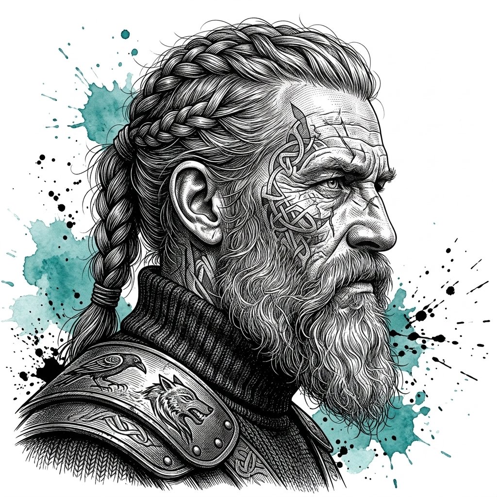 Black and white Viking warrior engraving portrait