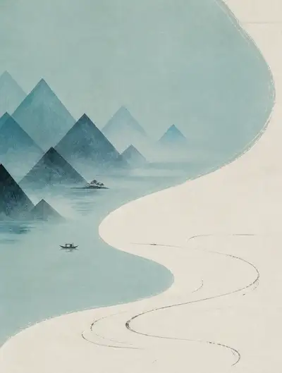 Minimalist Song-Dynasty Landscape Art in Sky Blue