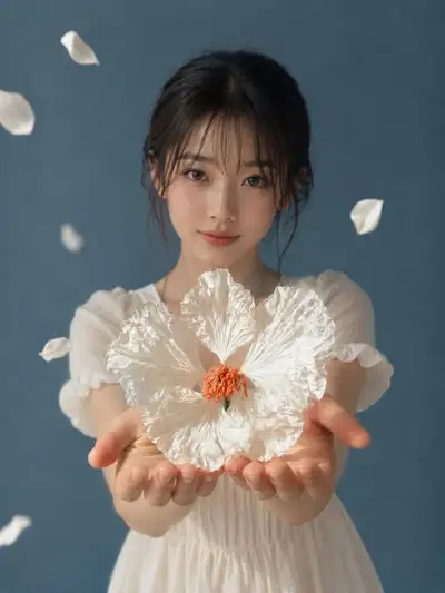 Portrait of a woman holding a white flower in her palms