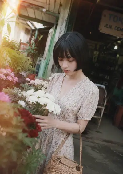 Cinematic Street Portrait of Woman at Flower Shop