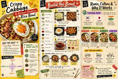 Crispy cabbage rice bowl 3-page food magazine spread