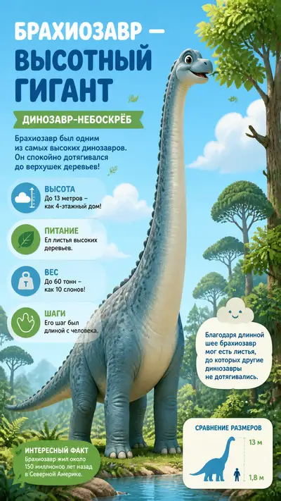 Cute Pixar style brachiosaurus treetop giant infographic